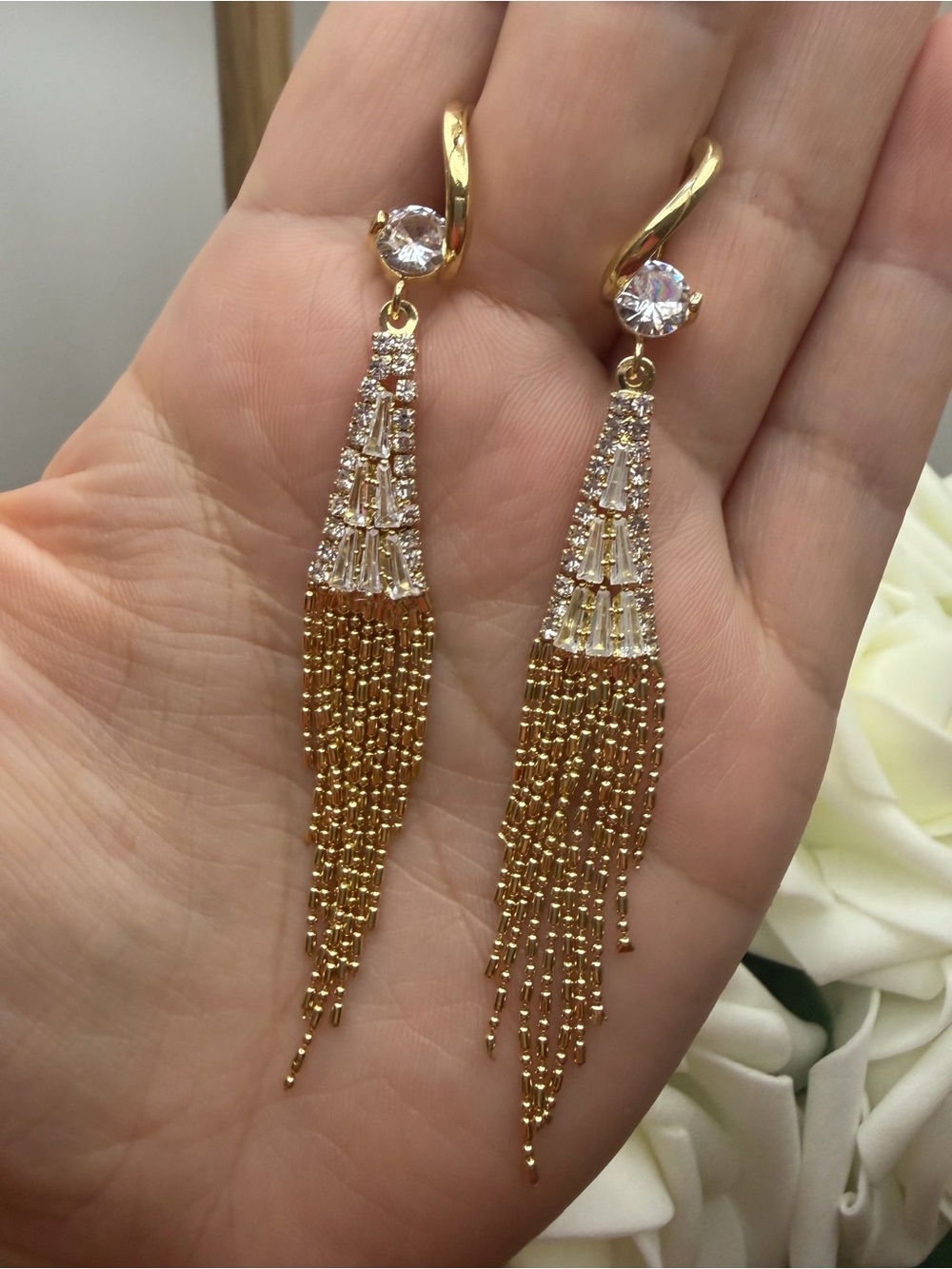 Gold Crystal Fringe Drop Earrings - Unbranded